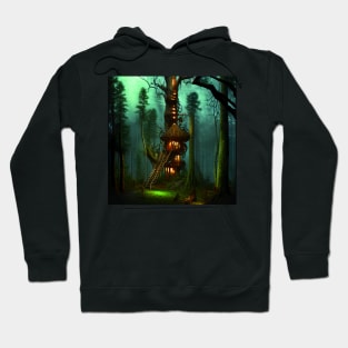 Magical Cottage Tree House with Lights in Forest with High Trees, Scenery Nature Hoodie